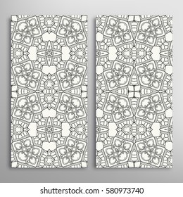 Black and white vertical seamless patterns set, floral geometric doodle texture. Decorative seamless line backgrounds, tribal ethnic ornament, islamic pattern border collection