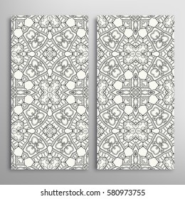 Black and white vertical seamless patterns set, floral geometric doodle texture. Decorative seamless line backgrounds, tribal ethnic ornament, islamic pattern border collection