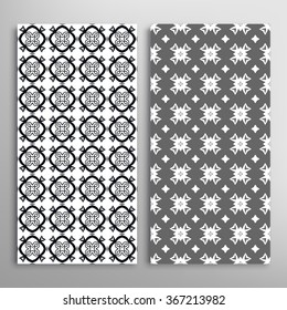 Black and white vertical seamless simple geometric patterns set with hand drawn texture for fabric or paper print, invitations or cards design. Vector collection