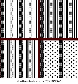black and white vertical striped polka dot patterns