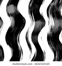 Black and white, vertical wavy brush stroke pattern on a plain background, grunge lines ikat pattern, striped seamless pattern, Vector illustration background for print the paper.