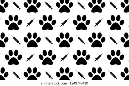 Black and white veterinary syringe and dog, cat paw icon silhouette pattern background illustration in vector.