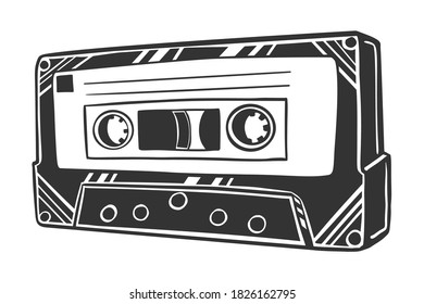 Black and white vetor drawing of music cassette, isolated on white background.