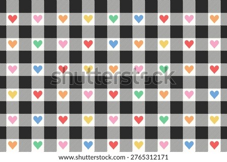 Black And White Vichy Background With Colorful Heart. Gingham Seamless Pattern. Valentines Day Print.