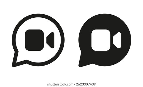 Black and white video call icons inside speech bubbles, flat minimal style used for communication or digital media design