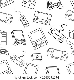 black and white video game controller in seamless pattern with doodle style