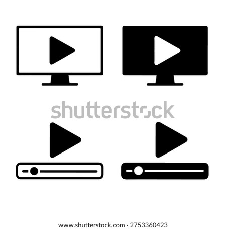 Black and white video playback interface icons including computer monitor with play button and progress bar designs in outlined and filled styles