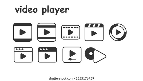 black and white video player icon set