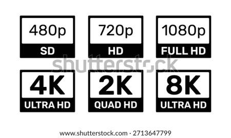 Black and White Video Resolution Icons: Standard Definition (SD) up to 8K Ultra HD Display Standard Badges