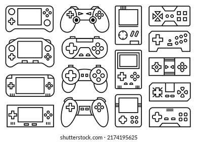 Black and white videogame gadgets illustration set. Collection of wireless video game controllers and handheld game consoles, with black thin line. Outline vector illustration.