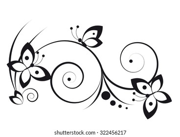 Black and white vignette in a graphic style with butterflies and scrolls