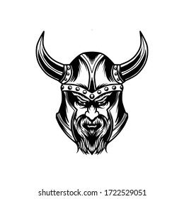 Black and white viking head illustration isolated in white background.