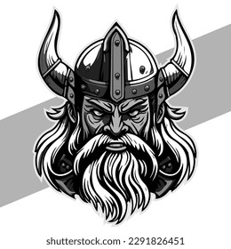 Black and white viking head with shield and axe vector emblem tattoo and t shirt design black and white hand drawn viking engraving ornament