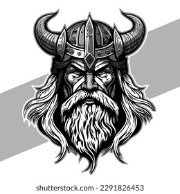 Black and white viking head with shield and axe vector emblem tattoo and t shirt design black and white hand drawn viking engraving ornament