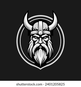 Black and white viking logo on a black background. Emblem of a Scandinavian bearded warrior in a horned helmet. Vector illustration svg