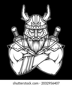 Black white viking warrior illustration. Premium vector
