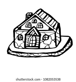 black and white village house. coloring book. fairy tale house. vector hand drawn illustration. cottage