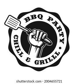 A black and white vintage badge for a BBQ theme on white background
