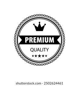 Black and white vintage badge with Premium Quality text and crown symbol. Vector illustration design decorative border, ribbon banner, and five stars 