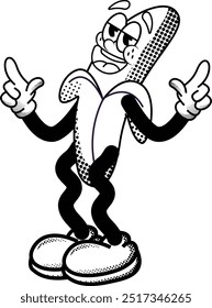black and white vintage banana mascot illustration, retro illustration with funny pose, for sticker or shirt illustration.