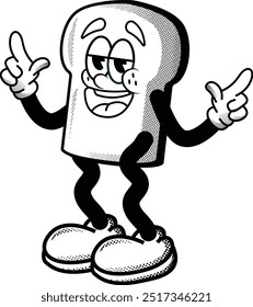 black and white vintage bread mascot illustration, retro illustration with funny pose, for sticker or shirt illustration.