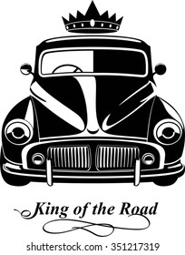 black and white vintage car silhouette front view with king crown and text below