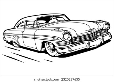 Black and White Vintage Car Sketch: Coloring Paper Design.Vintage car coloring page for adult and child.