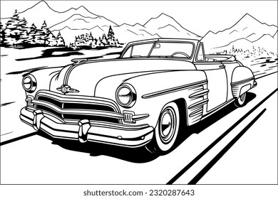 Black and White Vintage Car Sketch: Coloring Paper Design.Vintage car coloring page for adult and child.