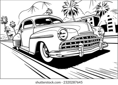 Black and White Vintage Car Sketch: Coloring Paper Design.Vintage car coloring page for adult and child.