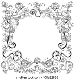 Black and white vintage card with leaves and flowers. Spring or summer design for invitation, wedding or greeting cards. Adult coloring book
