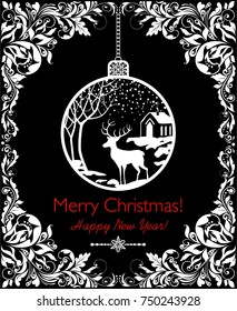 Black and white vintage card for New Years and Christmas holiday with decorative hanging ball with winter landscape and deer and floral vintage vignette