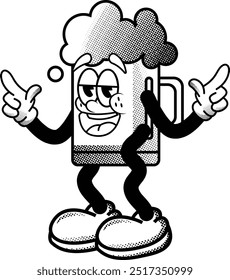black and white vintage cute beer mascot illustration, retro illustration with funny pose, for sticker or shirt illustration.