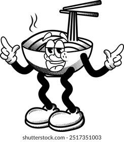 black and white vintage cute ramen mascot illustration, retro illustration with funny pose, for sticker or shirt illustration.