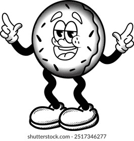 black and white vintage donut mascot illustration, retro illustration with funny pose, for sticker or shirt illustration.