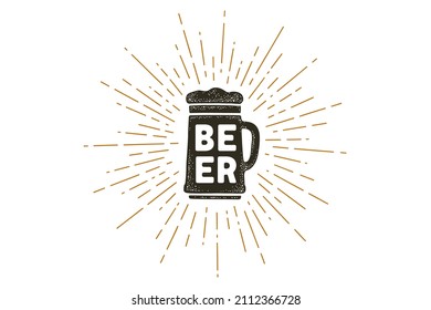 Black and white vintage drawing for beer bar, pub and trendy beer themes. Hand drawn lettering Beer on white background. Print Beer for poster, menu, sticker, t-shirt. Vector Illustration