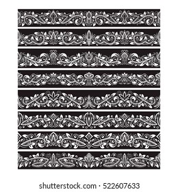 Black white vintage elements for vector brushes creating. Borders templates kit for frames design and page decorations.