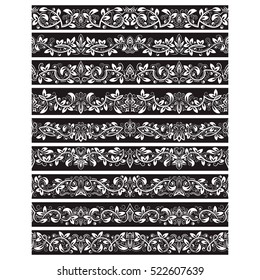 Black white vintage elements for vector brushes creating. Borders templates kit for frames design and page decorations.