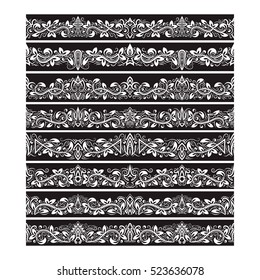 Black white vintage elements for vector brushes creating. Borders templates kit for frames design and page decorations.