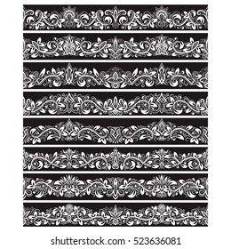 Black white vintage elements for vector brushes creating. Borders templates kit for frames design and page decorations.