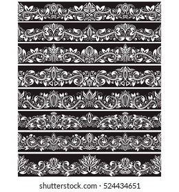 Black white vintage elements for vector brushes creating. Borders templates kit for frames design and page decorations.