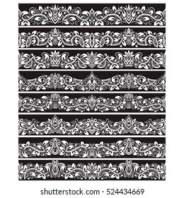 Black white vintage elements for vector brushes creating. Borders templates kit for frames design and page decorations.