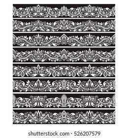 Black white vintage elements for vector brushes creating. Borders templates kit for frames design and page decorations.