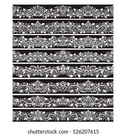 Black white vintage elements for vector brushes creating. Borders templates kit for frames design and page decorations.