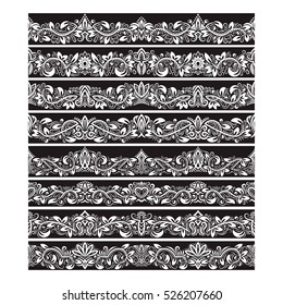 Black white vintage elements for vector brushes creating. Borders templates kit for frames design and page decorations.