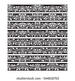 Black white vintage elements for vector brushes creating. Borders templates kit for frames design and page decorations.