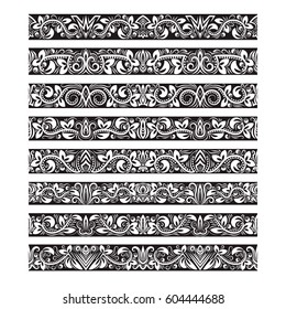 Black white vintage elements for vector brushes creating. Borders templates kit for frames design and page decorations.