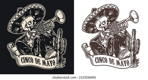 Black and white vintage emblem with one-eyed skeleton performer in sombrero playing trumpet, cactus, taco and ribbon with inscription, vector illustration