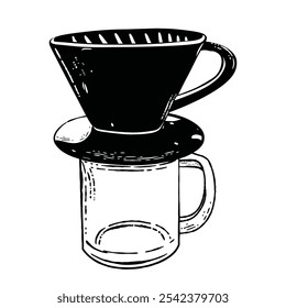 Imagen de estilo de grabado vintage en blanco y negro de una taza de café con un goteador de embudo de cerveza casera V60