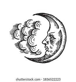 Black and white vintage etched art. Ink drawn ghotic clipart for sticker, tattoo, print. Waning moon or crescent face against night clouds. Celestial body in space. Taro or magic signs.