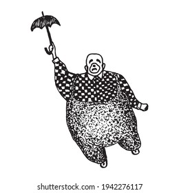 Black and white vintage etched art. Ink drawn ghotic clipart for sticker, tattoo, print. Sad fat clown in checkered shirt and pants with suspenders holds umbrella and flies up away during circus show.